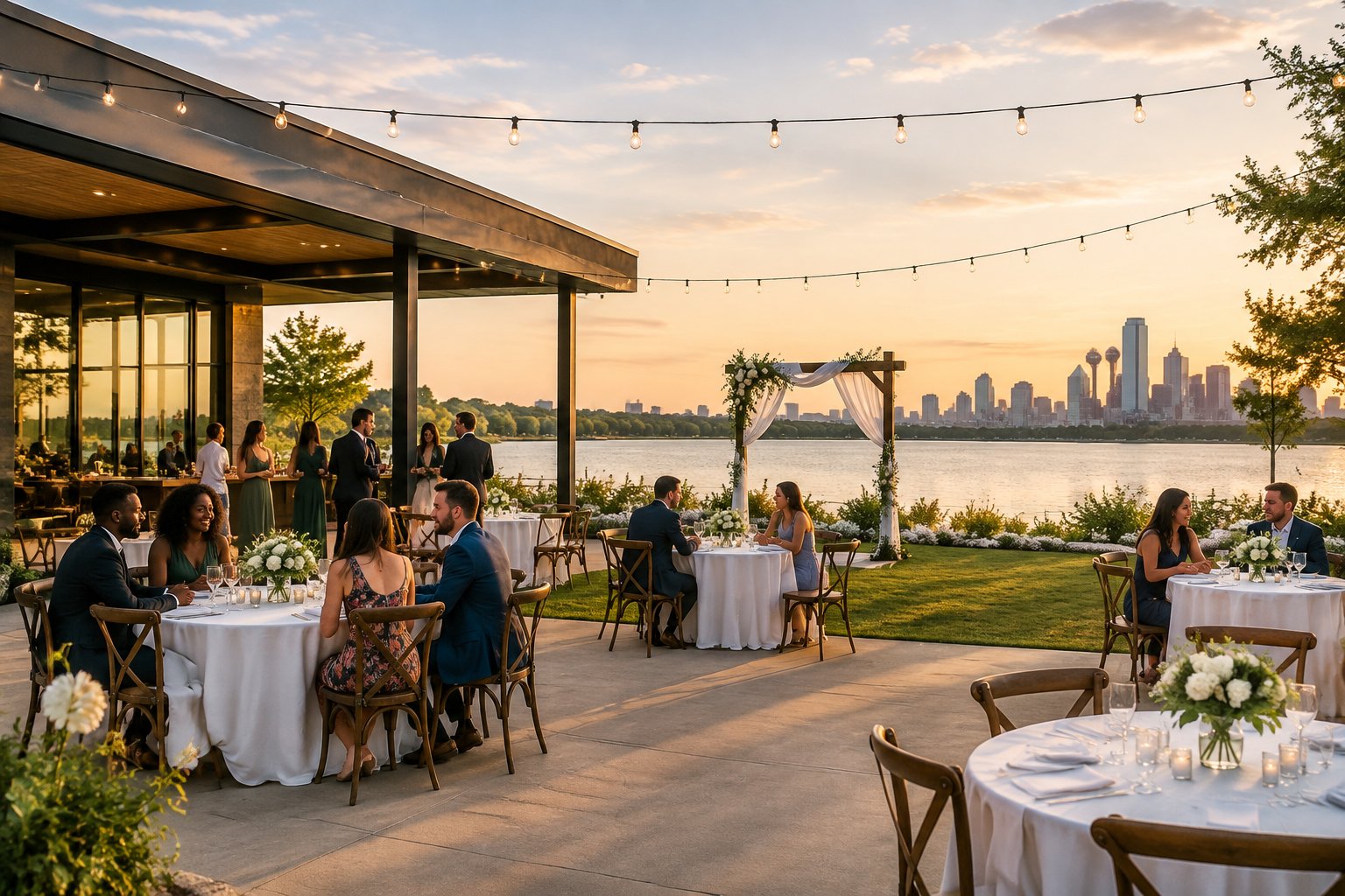 An affordable outdoor wedding reception overlooking a lake and the Dallas skyline.