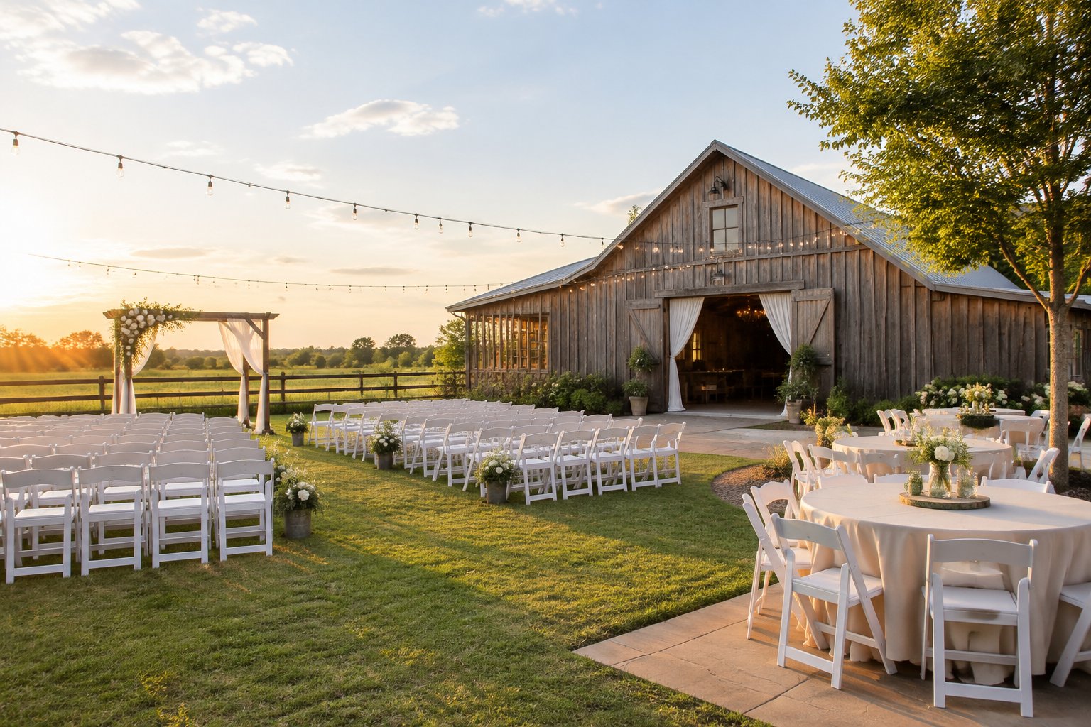 A charming outdoor wedding venue with simple chairs, floral decorations, string lights, and reception tables.