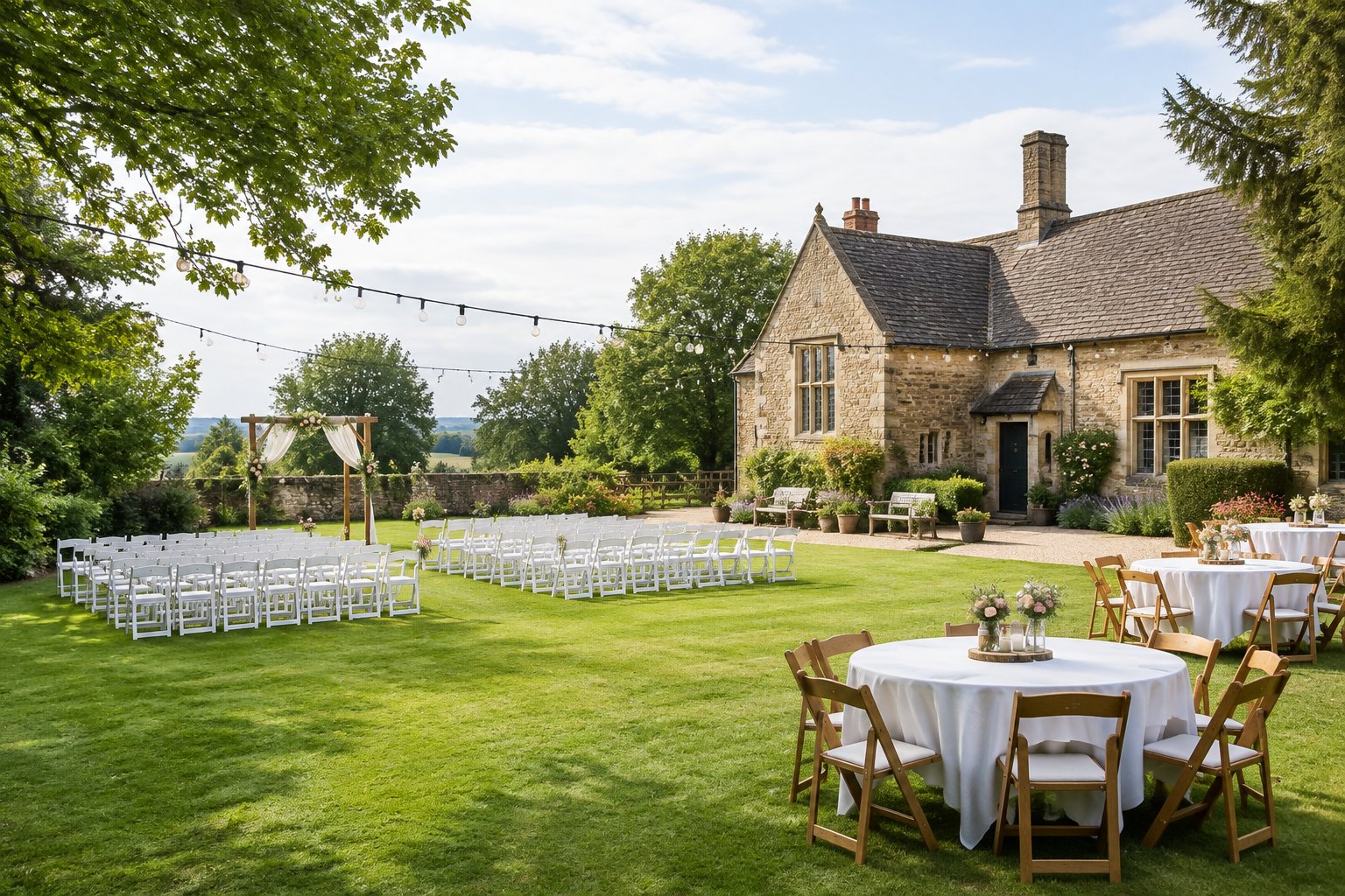A modest countryside wedding venue with outdoor seating, floral decorations, and green lawns.