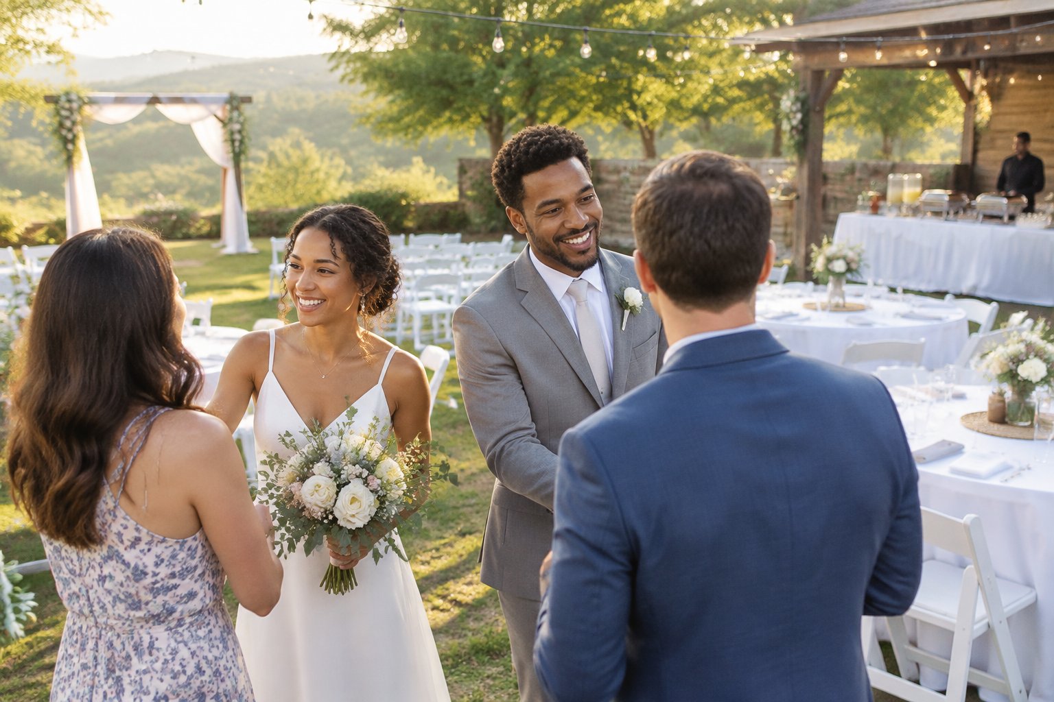A newlywed couple welcomes guests at an affordable outdoor wedding reception with decorated tables and string lights.