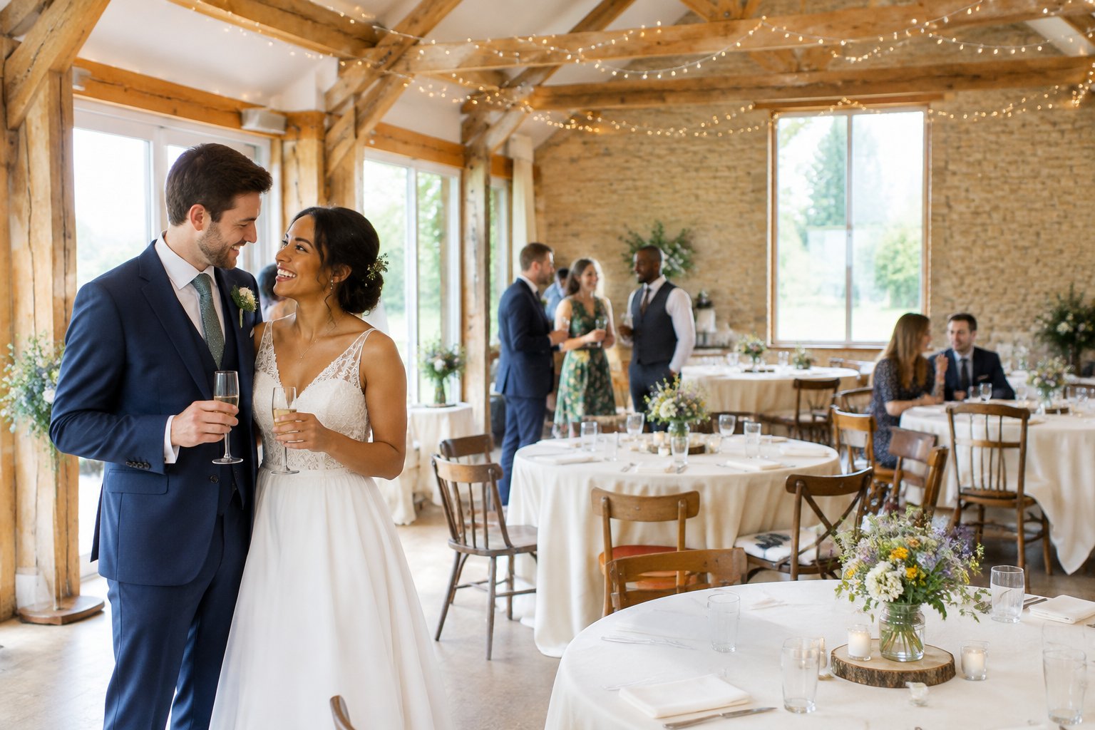 A happy couple and guests celebrate at an affordable countryside wedding venue with simple elegant decorations.