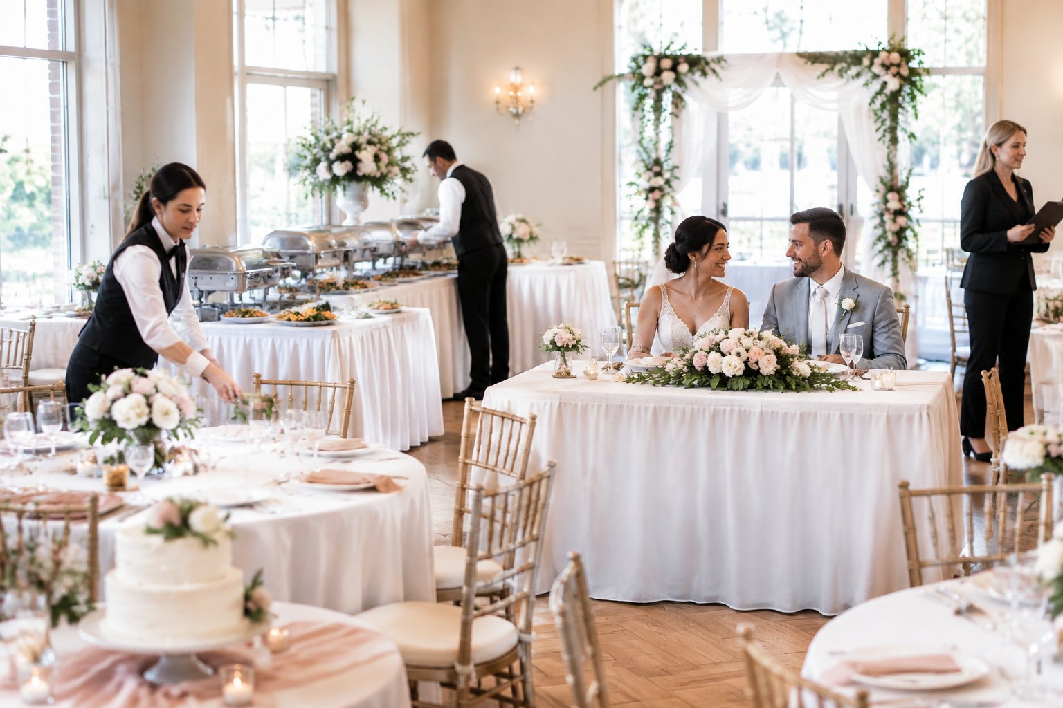 A couple celebrates at an affordable wedding reception while staff prepare food, tables, decorations, and other included services.