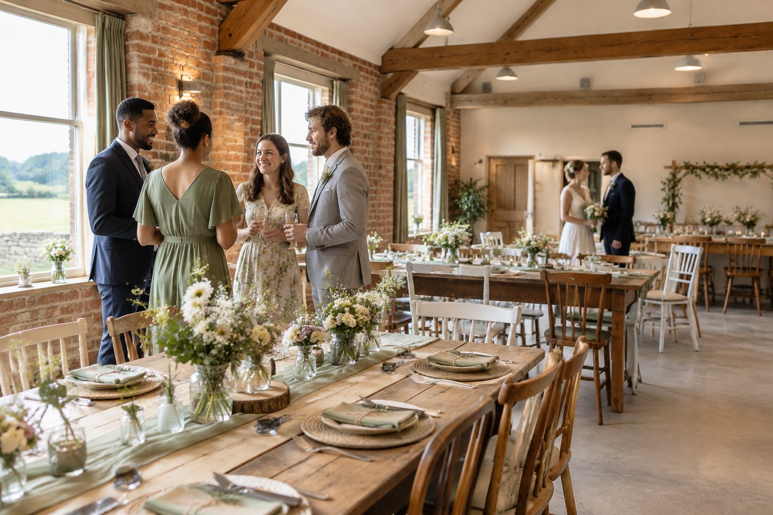 Guests gather at a warmly decorated wedding reception in a rustic community venue.