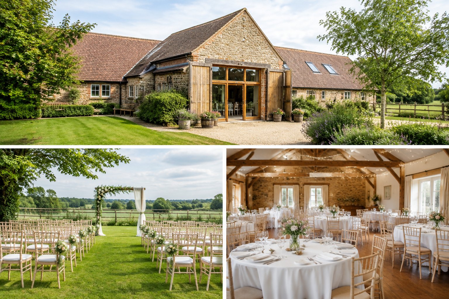 A modest countryside wedding venue with simple outdoor seating, decorated reception tables, and landscaped gardens.