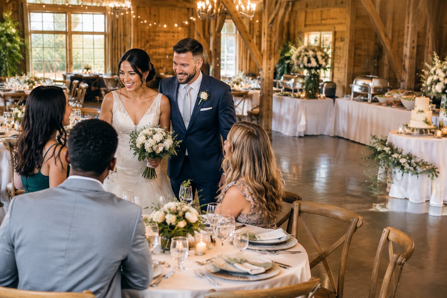 A newlywed couple celebrates with guests at an affordable all-inclusive wedding reception.