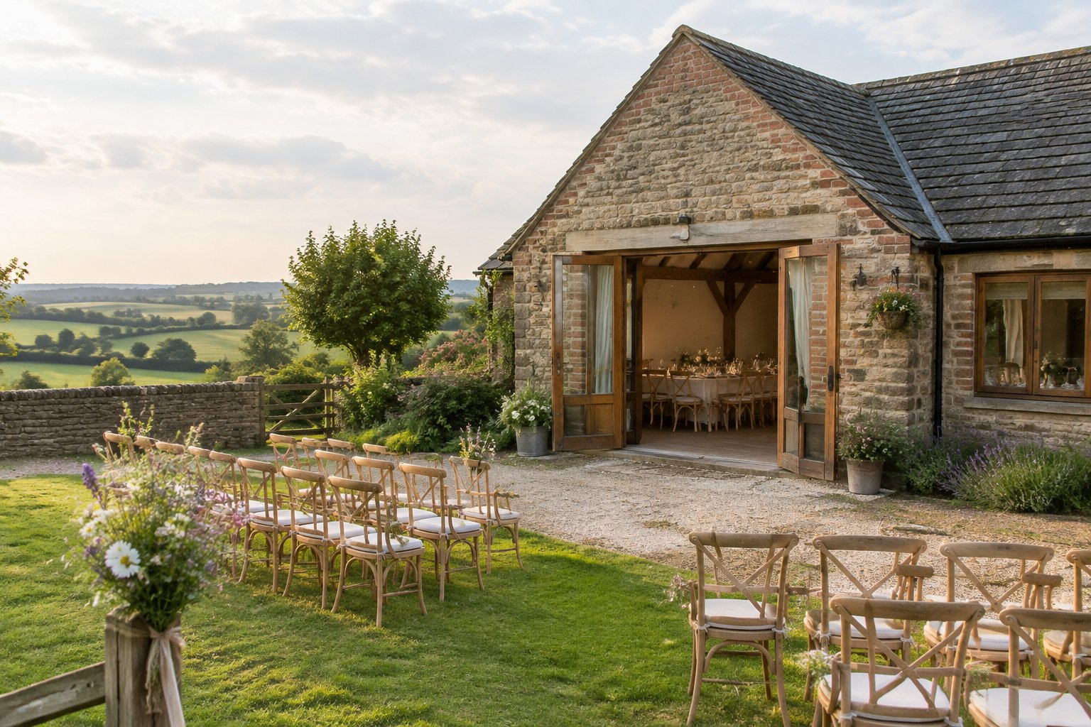 A modest countryside wedding venue with simple outdoor seating and gardens.