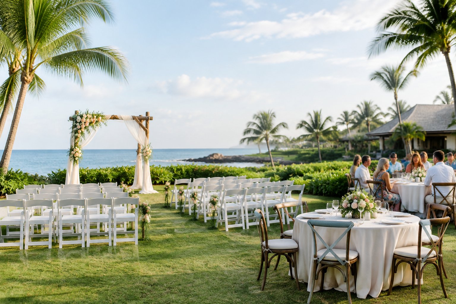 Outdoor wedding ceremony setup at an affordable beachfront resort.