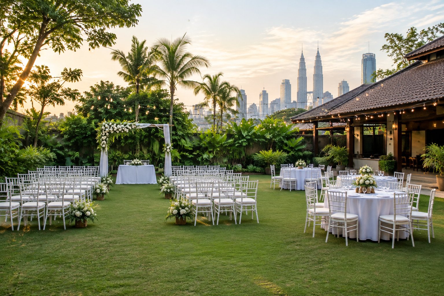 An affordable outdoor wedding venue in Kuala Lumpur with white chairs, a floral arch, garden greenery, and simply decorated reception tables.
