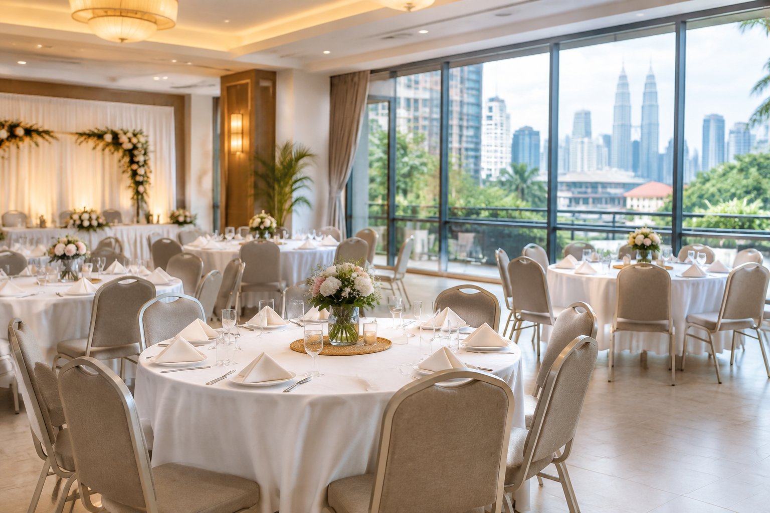 A modest Kuala Lumpur wedding venue arranged with simple tables, floral centerpieces, and warm lighting.