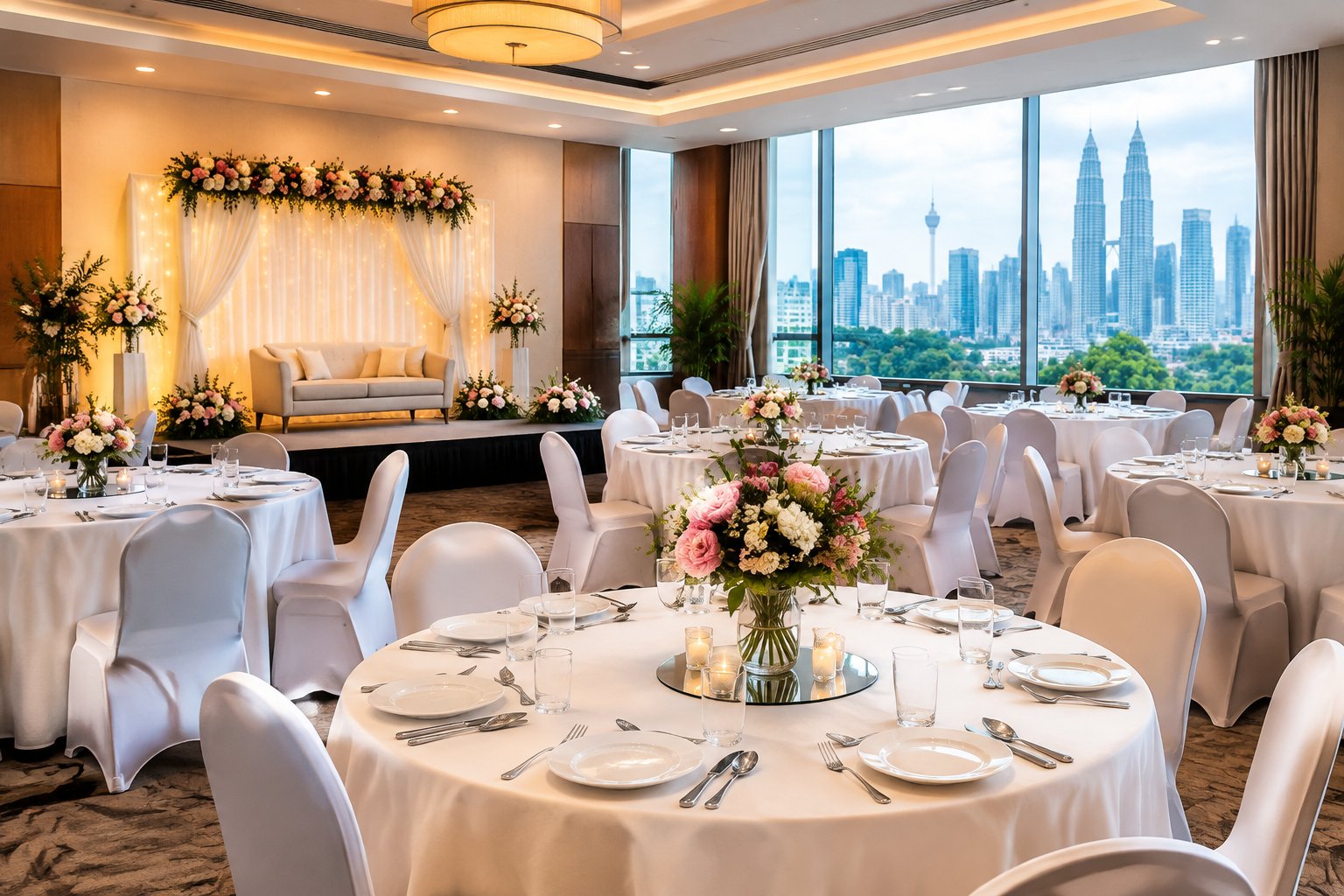 A modestly decorated wedding reception venue with round tables, floral centerpieces, and warm lighting in Kuala Lumpur.