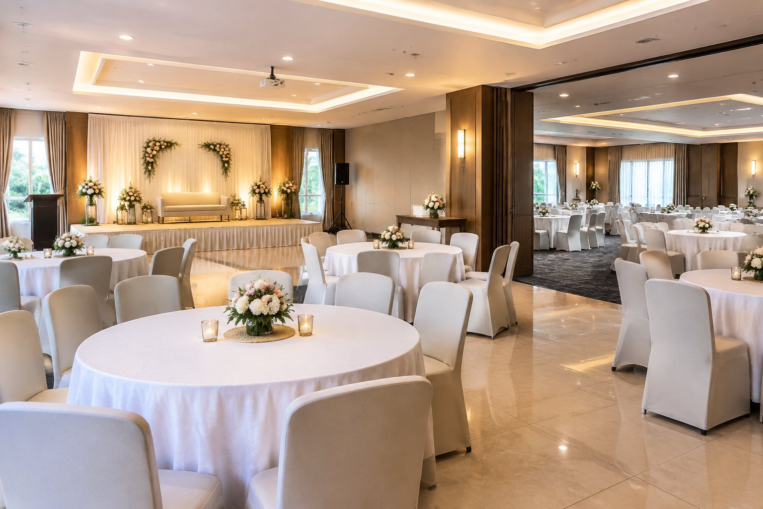 A modest, elegantly decorated wedding reception hall with round tables, simple floral centerpieces, and warm lighting.