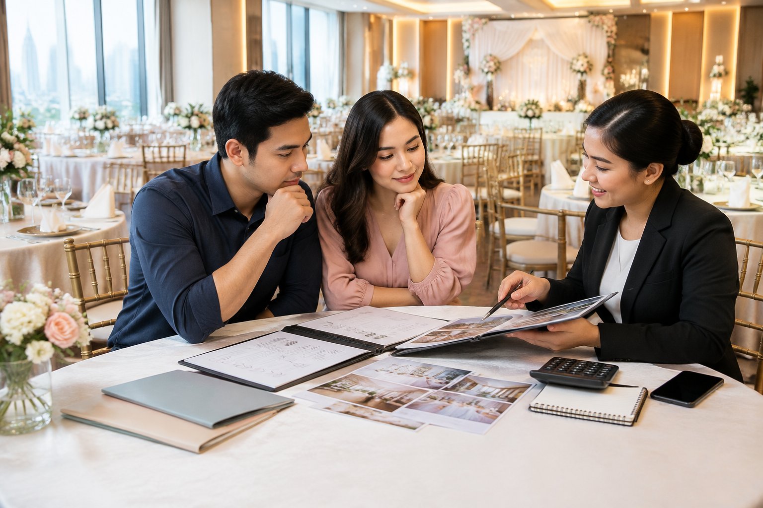 A couple and wedding planner compare venue package materials at a decorated reception table.