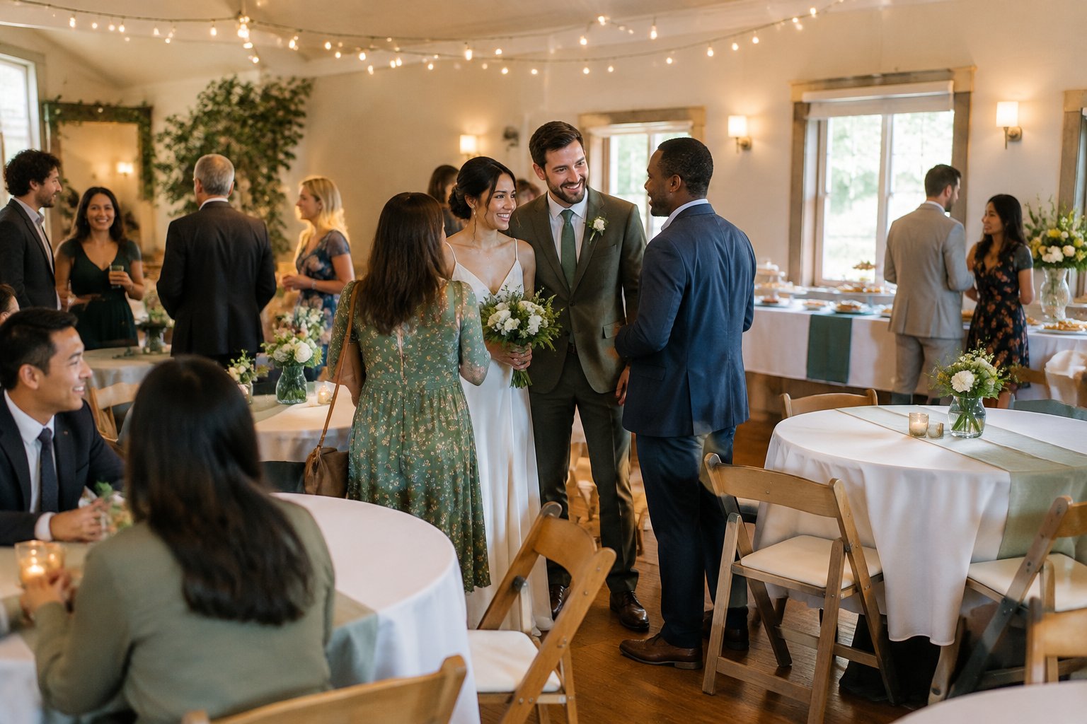 A newlywed couple welcomes guests at a small, warmly decorated wedding reception in a modest venue.
