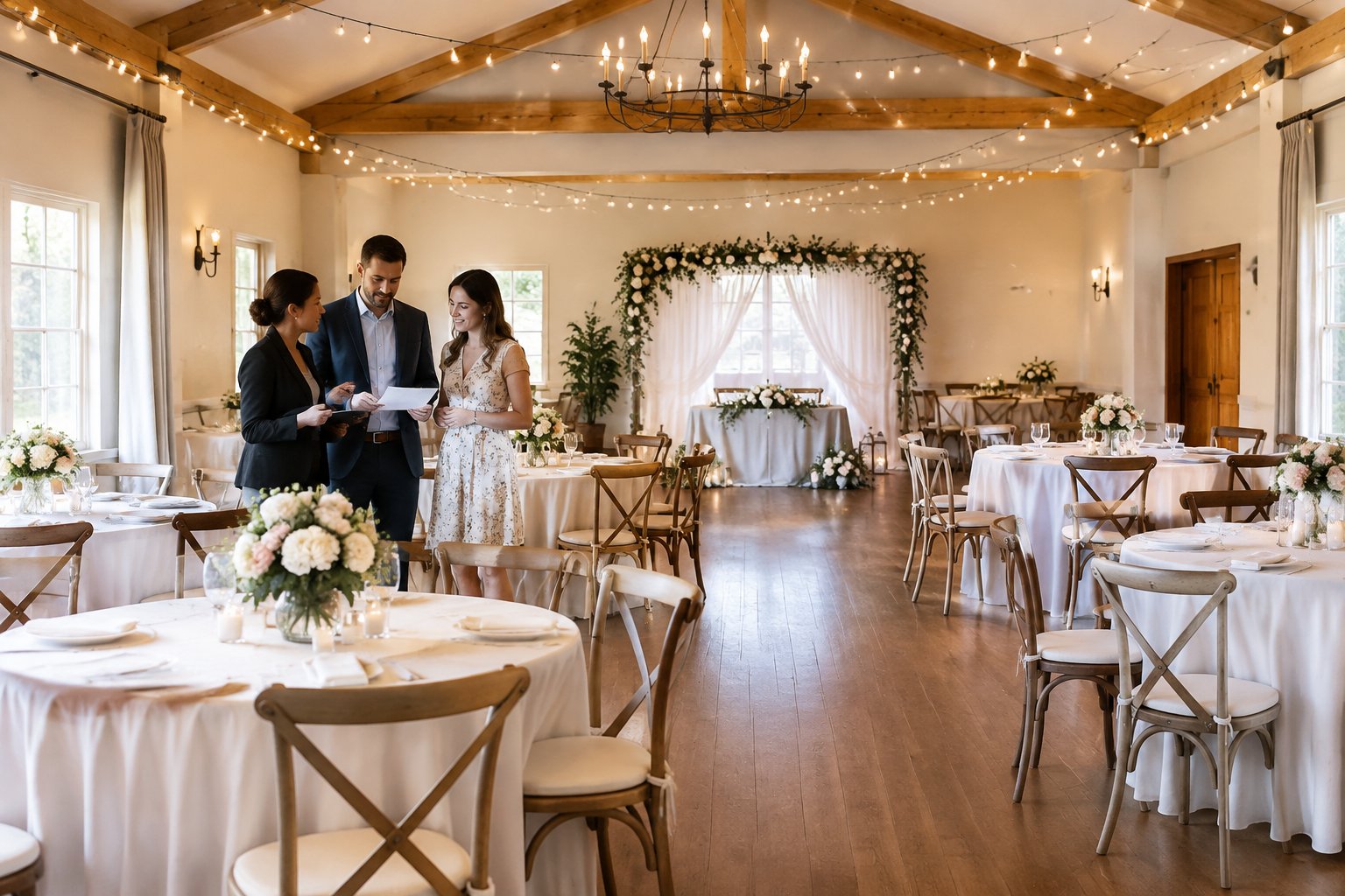 A small, warmly decorated wedding reception venue arranged for about 50 guests.