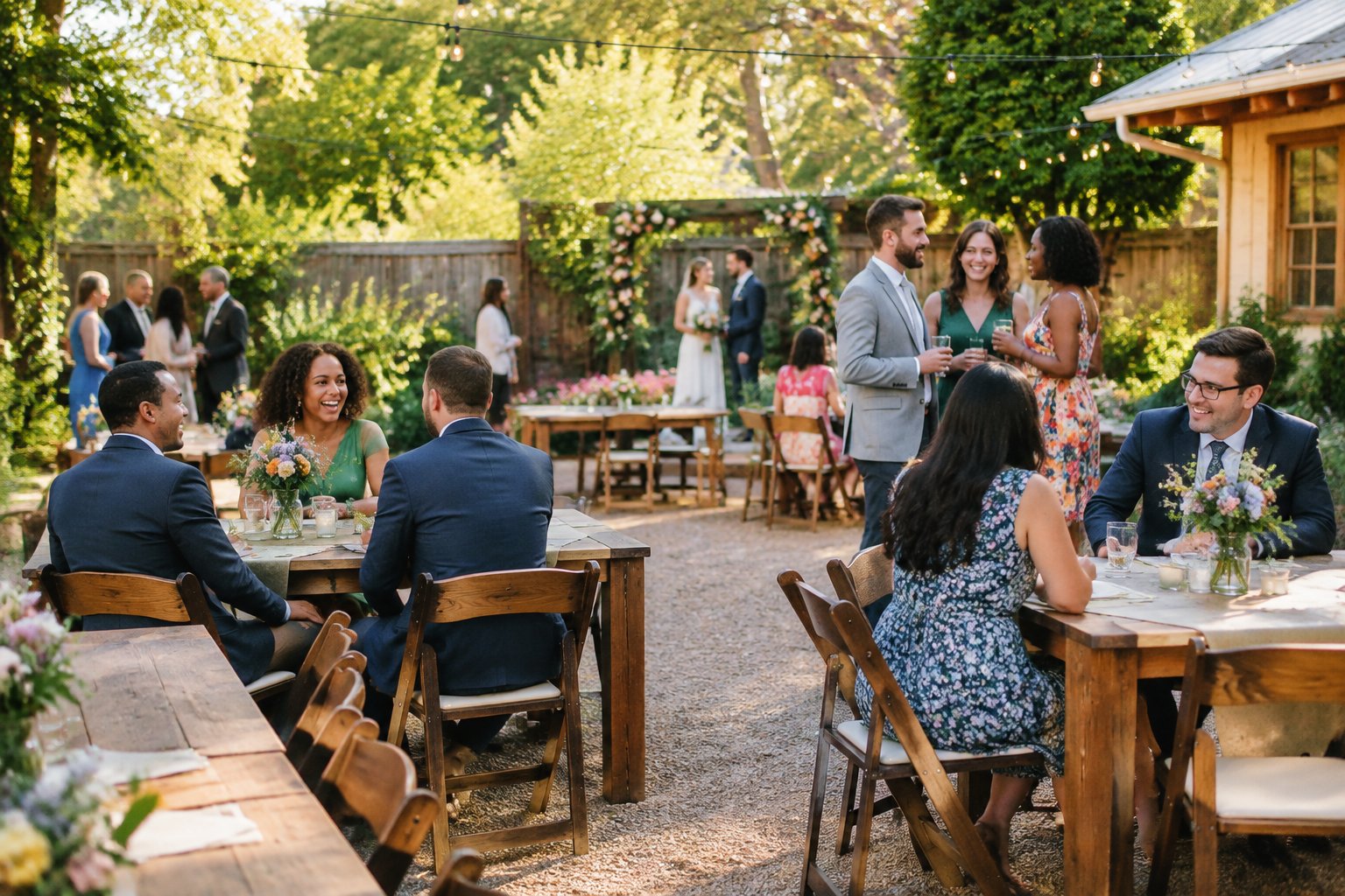 Guests gather at a small outdoor wedding celebration in a decorated garden courtyard.