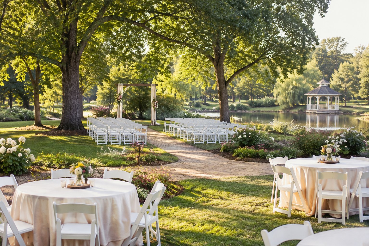 A simple outdoor wedding ceremony and reception setup in a lush public garden with trees, flowers, and a scenic pond.
