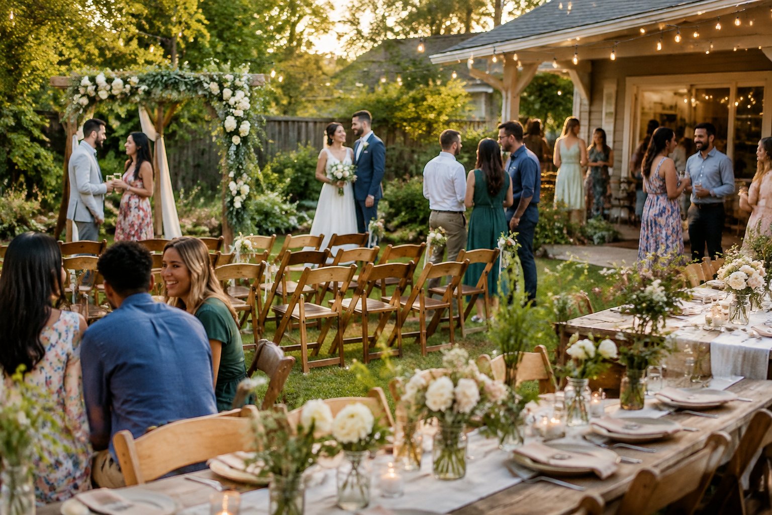 A couple celebrates with guests at a small backyard wedding decorated with simple flowers and string lights.