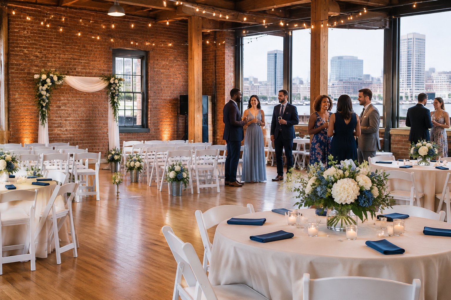 Guests gather at an affordable wedding reception in a charming Baltimore venue.