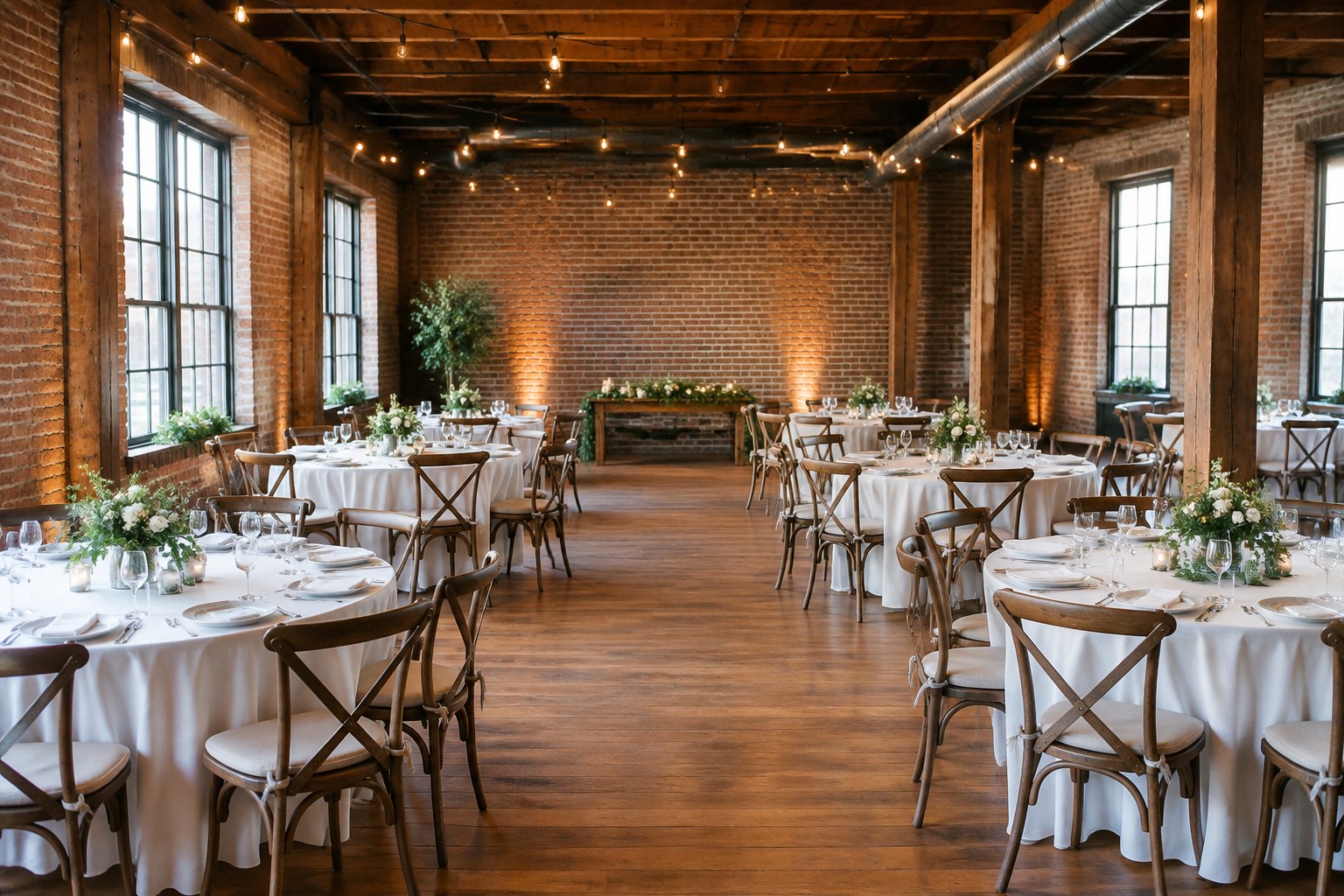 A modestly decorated wedding reception hall with round tables, floral centerpieces, and exposed brick walls.