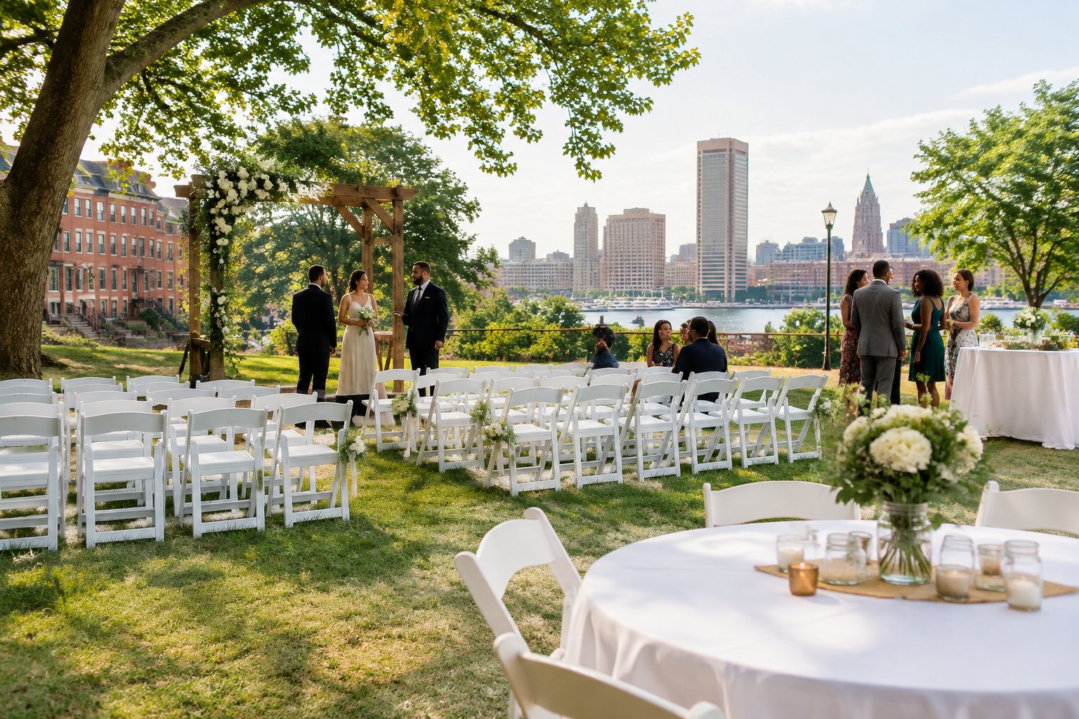 An affordable outdoor wedding ceremony setup in a Baltimore park with white chairs, a decorated arbor, and a small reception table.