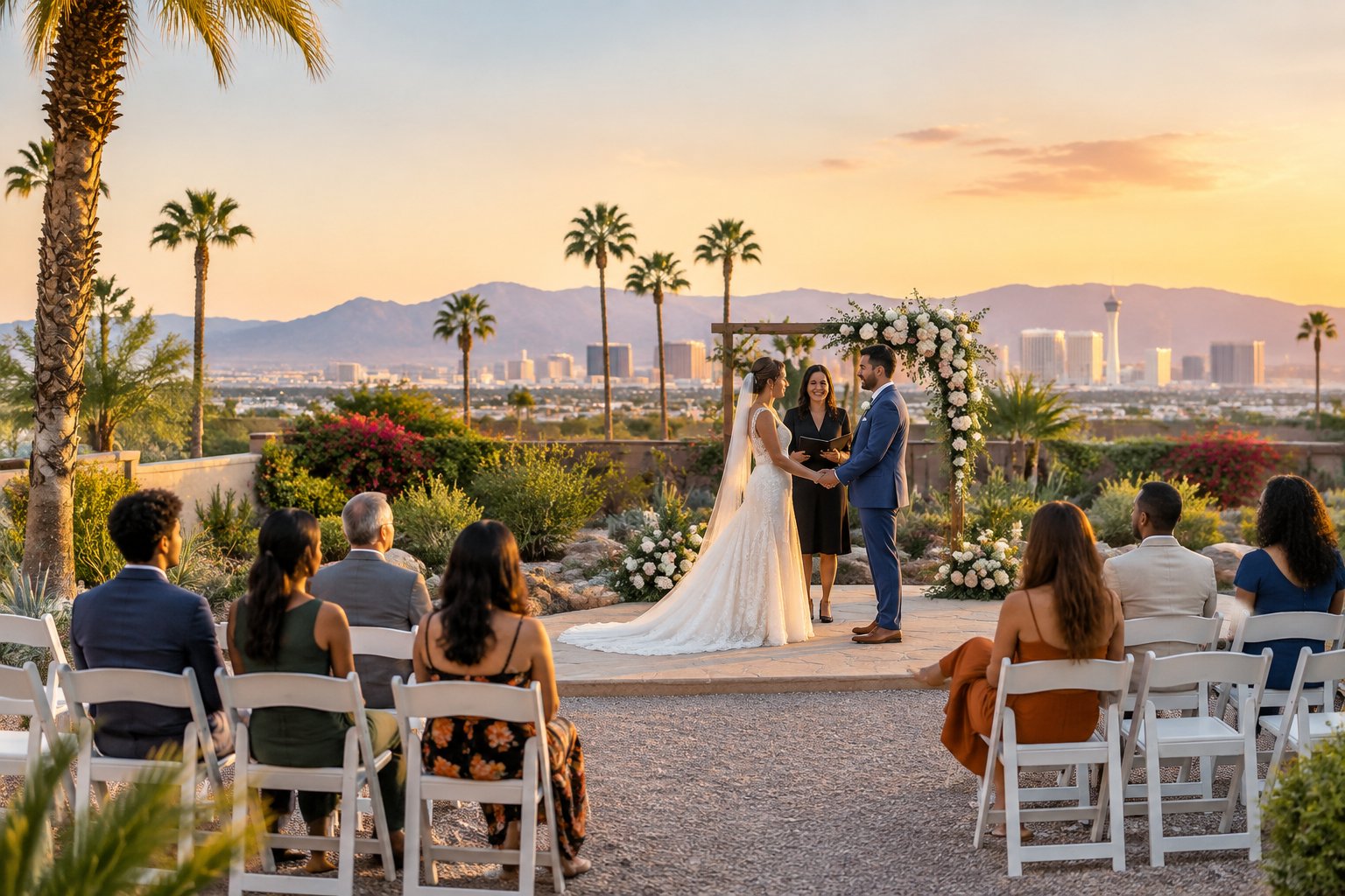 A couple exchanges wedding vows in a simple outdoor Las Vegas venue with seated guests, palm trees, and mountains in the background.