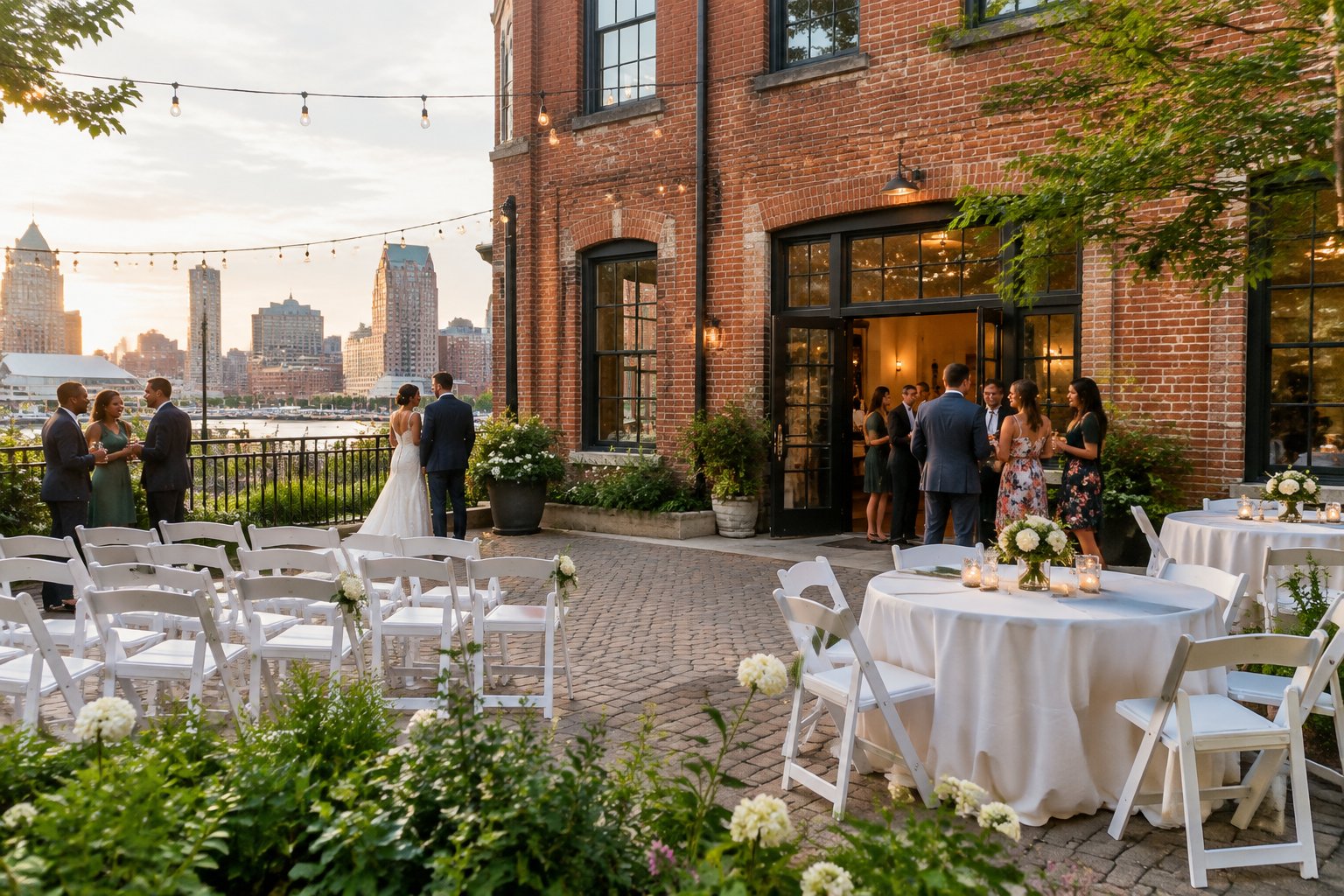 An affordable wedding venue with simple outdoor decorations and guests gathering in a Baltimore neighborhood setting.