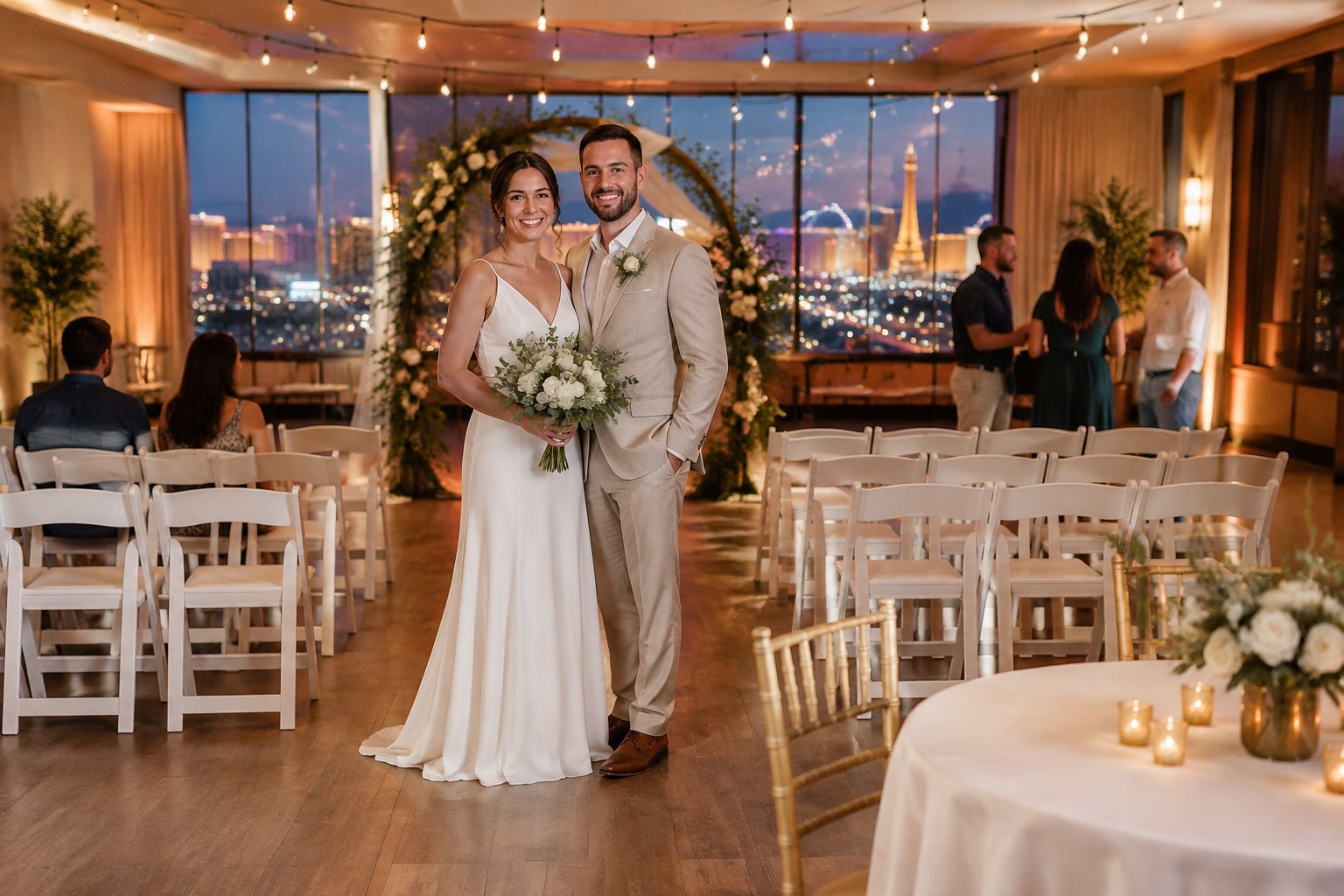 A bride and groom stand in a simply decorated Las Vegas wedding venue with guests and a small floral ceremony arch.