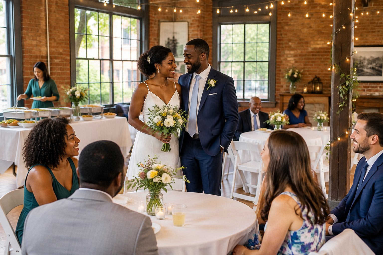 A couple celebrates with guests at a simple, welcoming wedding reception in a Baltimore community venue.