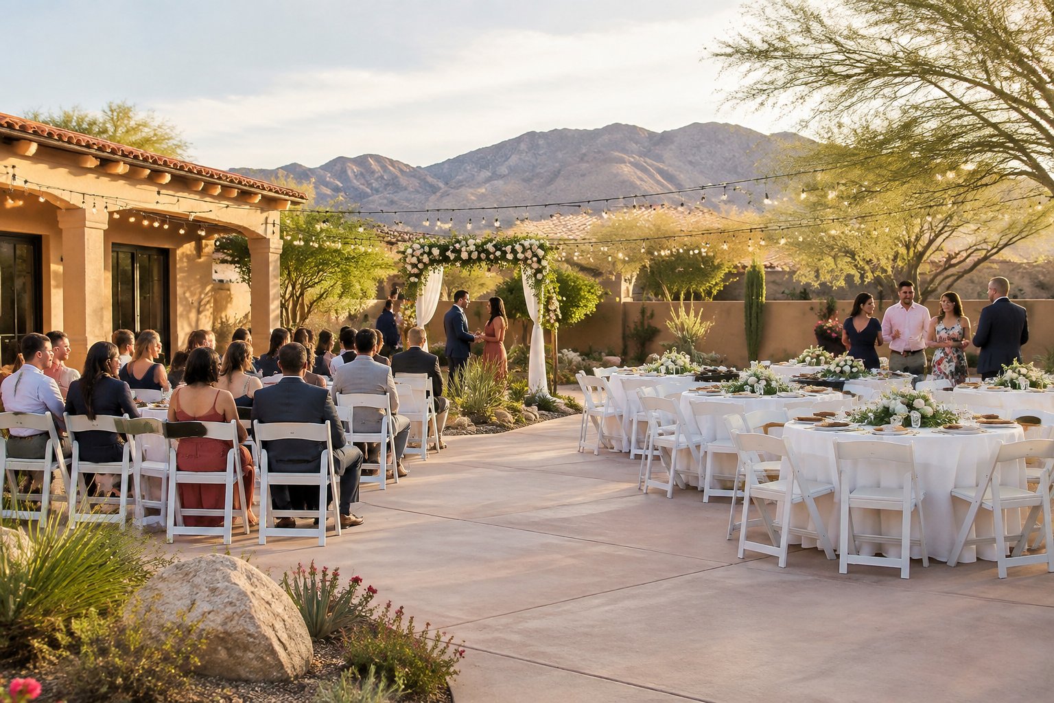 An intimate wedding venue with simple seating, floral decorations, and guests gathered in an outdoor courtyard.
