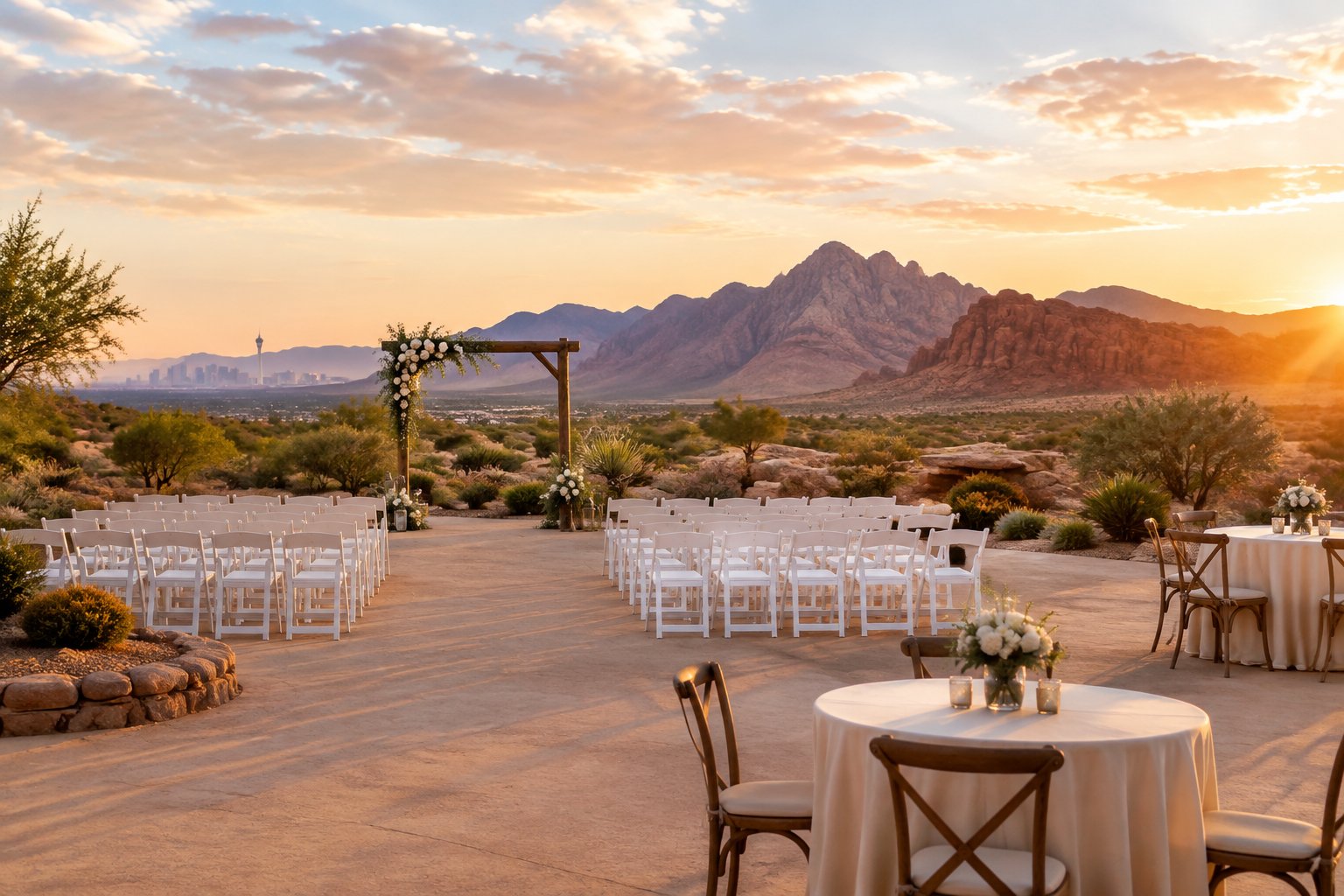 An elegant outdoor wedding setup with white chairs, a floral arch, and desert mountains in the background.