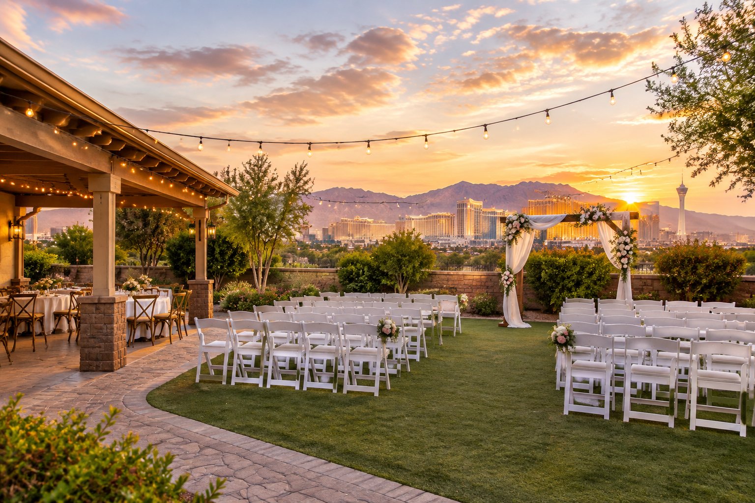 An affordable outdoor wedding venue in Las Vegas with white chairs, a flowered ceremony arch, string lights, and desert scenery.