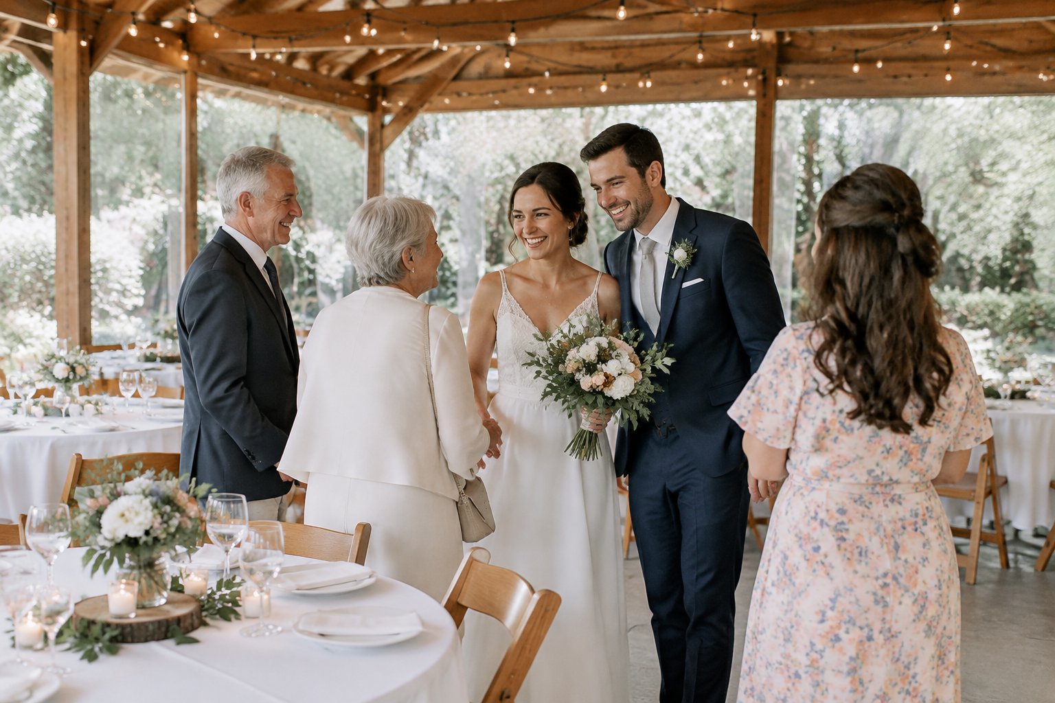 A newlywed couple celebrates with a small group of guests in a simply decorated outdoor wedding venue.