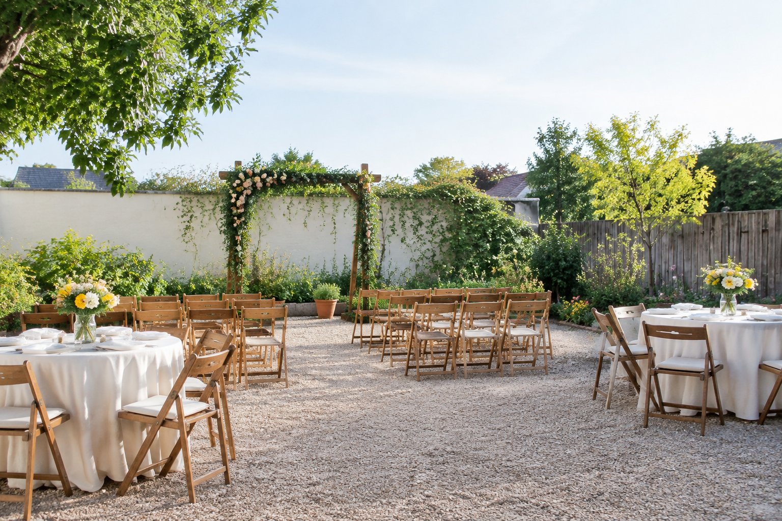A small outdoor wedding venue with simple chairs, floral decorations, and modest reception tables.