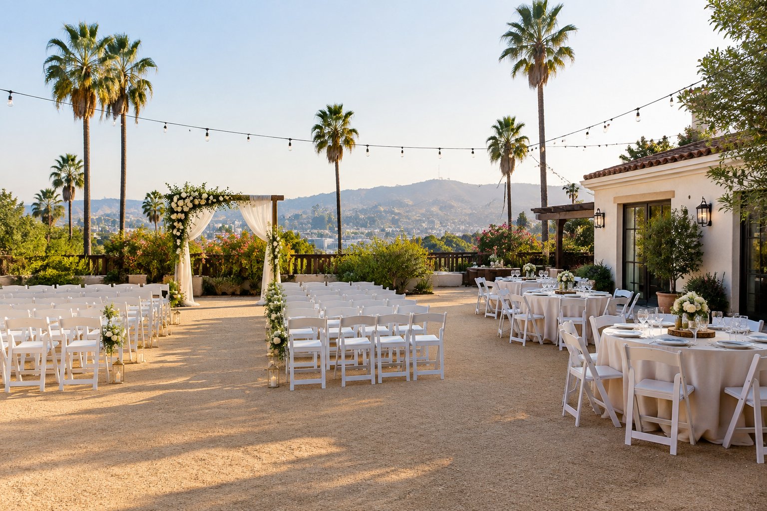 A modest outdoor wedding venue in Los Angeles with white chairs, a floral arch, and tables set for a reception.