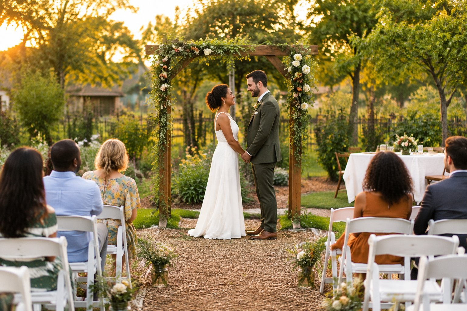 A couple exchanges vows beneath a simple flower-decorated arch in a small outdoor garden wedding venue.