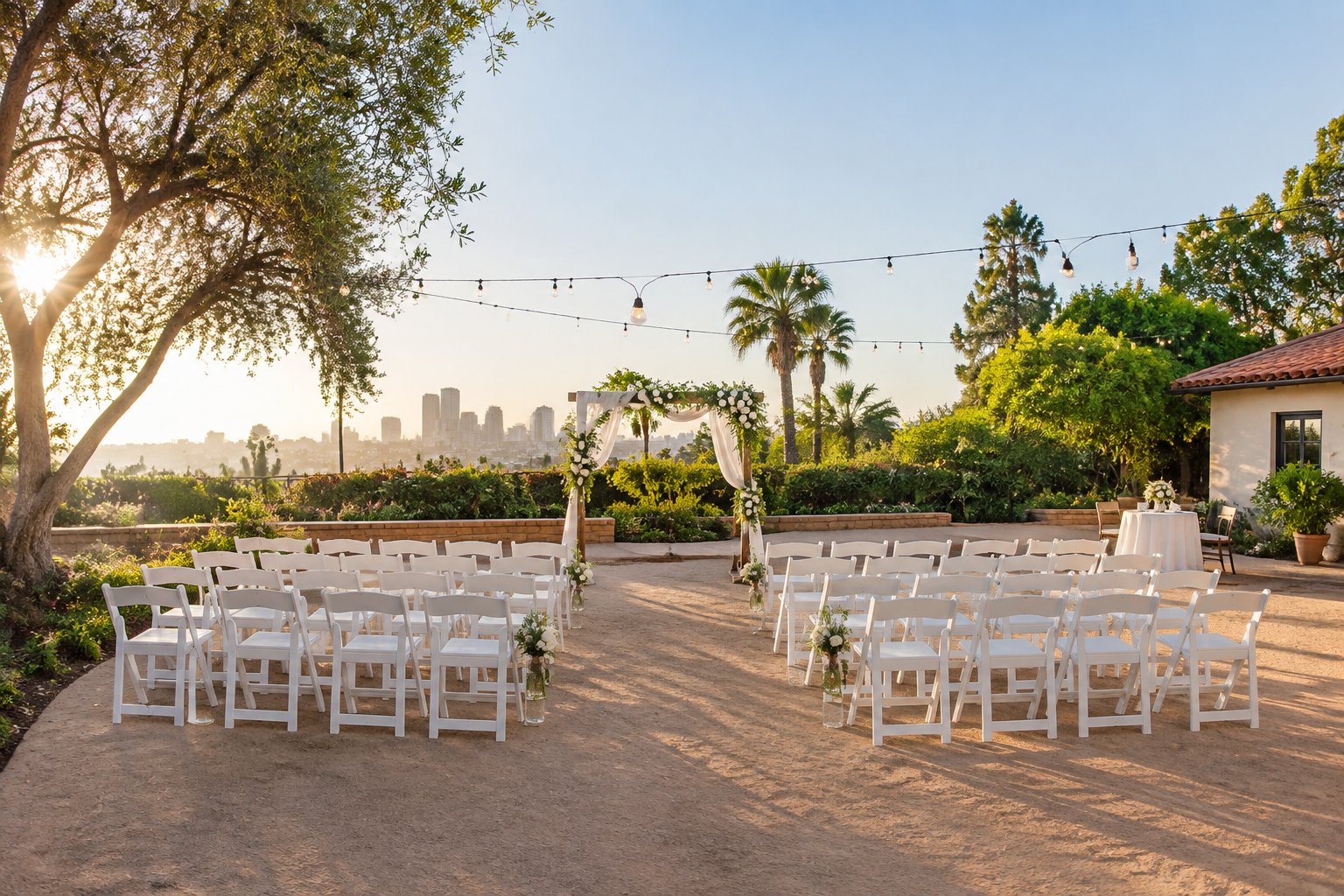 A modest outdoor wedding venue in Los Angeles with white chairs, a simple floral arch, and string lights.