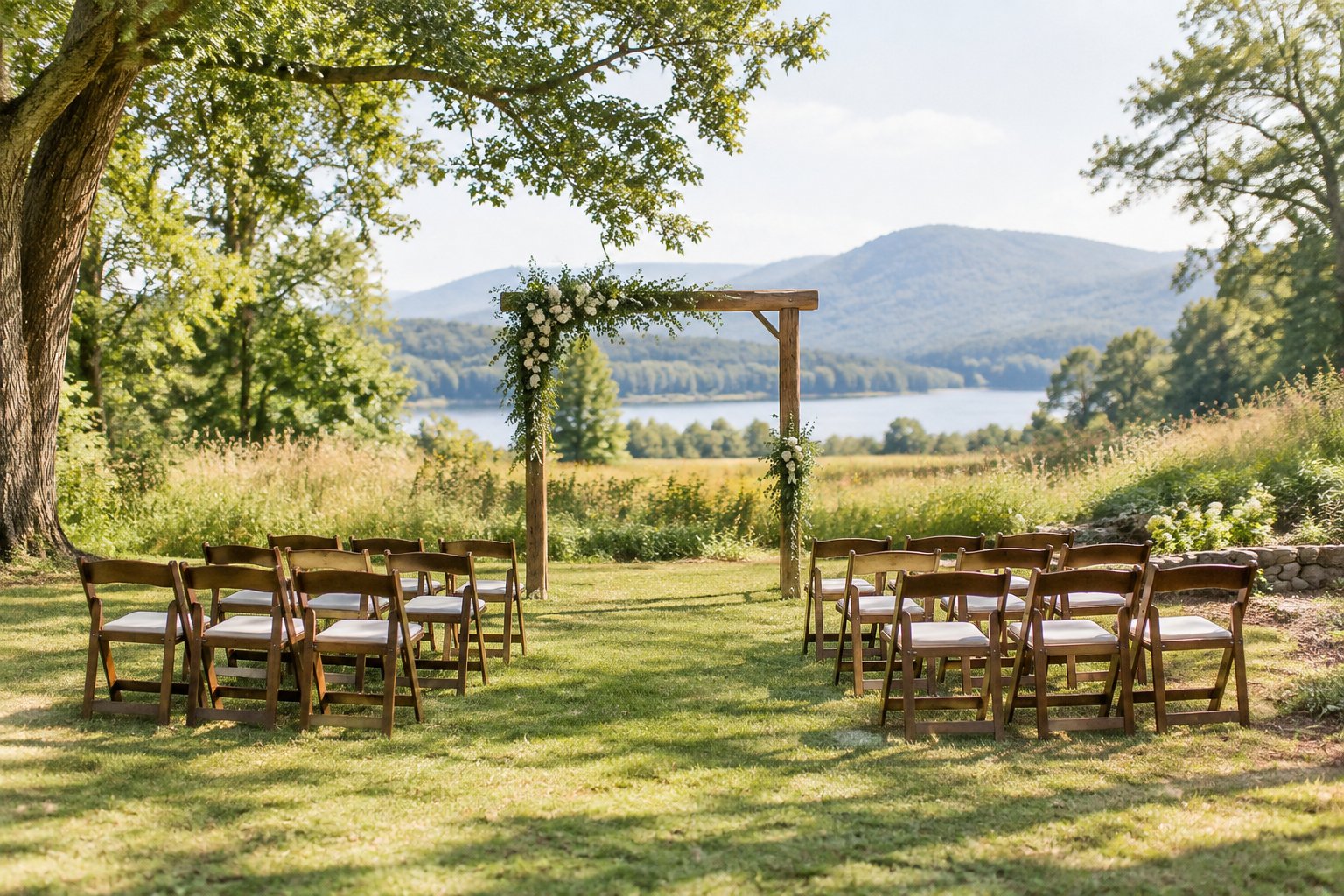 An intimate outdoor wedding ceremony setup with chairs and a simple flower-decorated arch in a scenic garden.