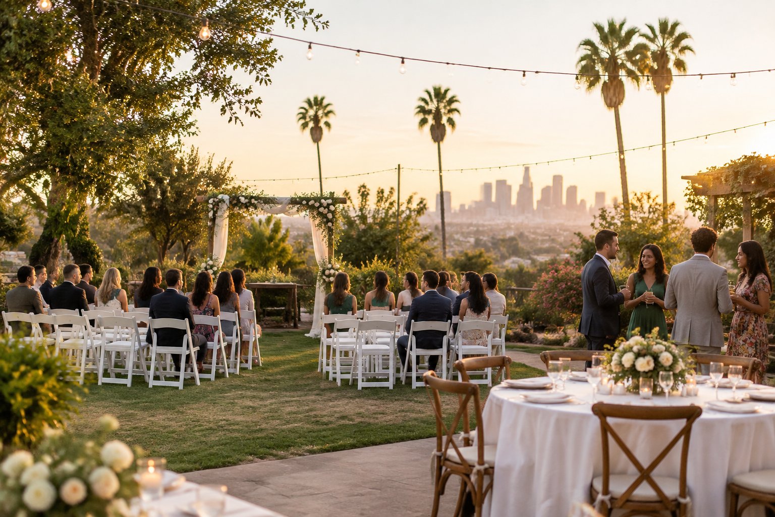 An affordable outdoor wedding venue in Los Angeles with simple decorations, white chairs, greenery, and a distant city skyline.