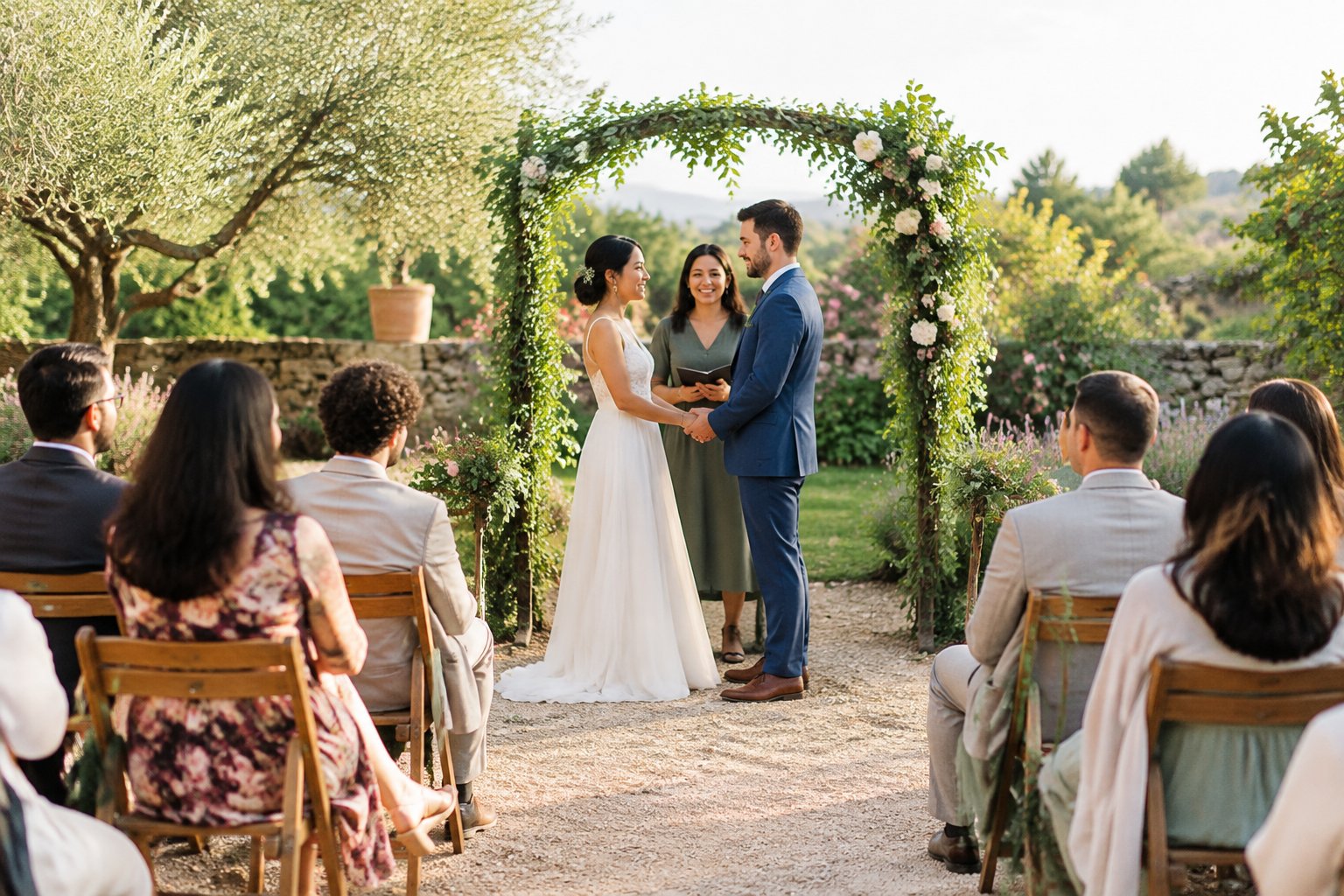 A couple exchanges vows in a simple garden ceremony surrounded by a small group of seated guests.