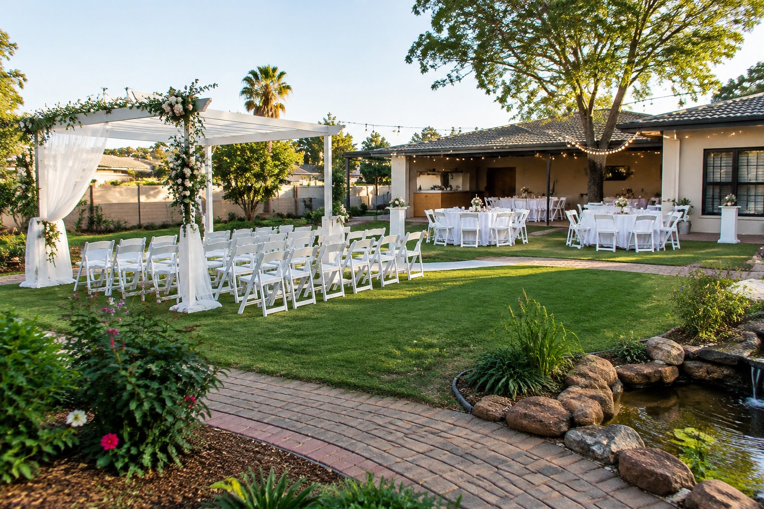 A modest garden wedding venue with white chairs, simple floral decorations, and outdoor reception tables.