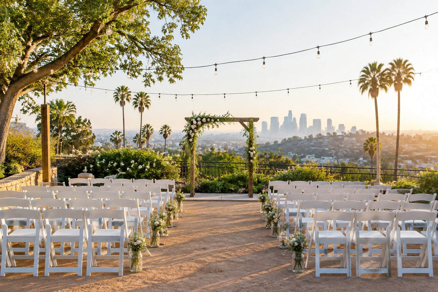 A simple outdoor wedding ceremony setup in a sunny Los Angeles garden venue.