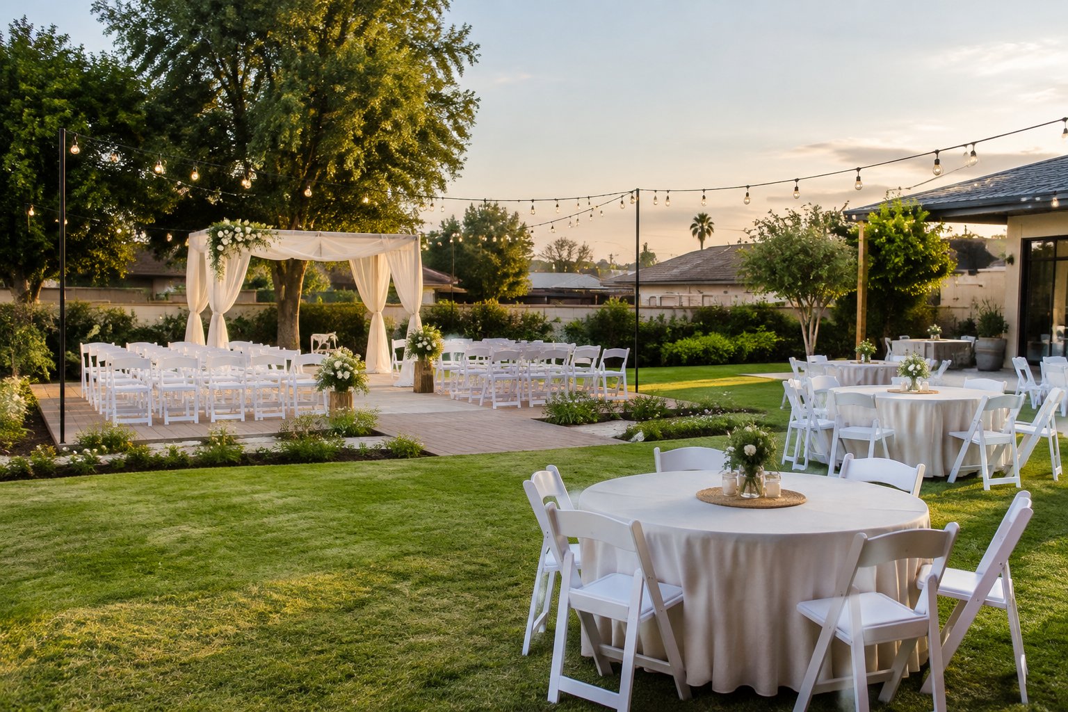 A modest wedding venue in Boksburg with a decorated garden ceremony area, simple seating, tables, and warm string lights.