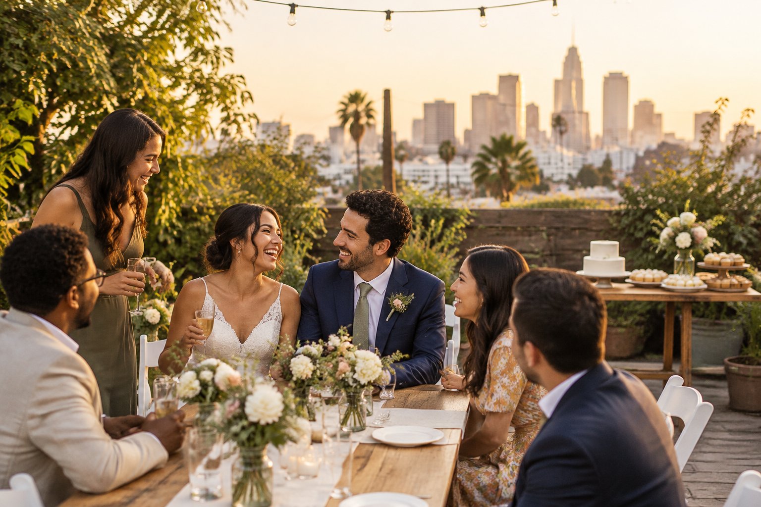A newlywed couple celebrates with guests at an elegant outdoor wedding venue in Los Angeles.