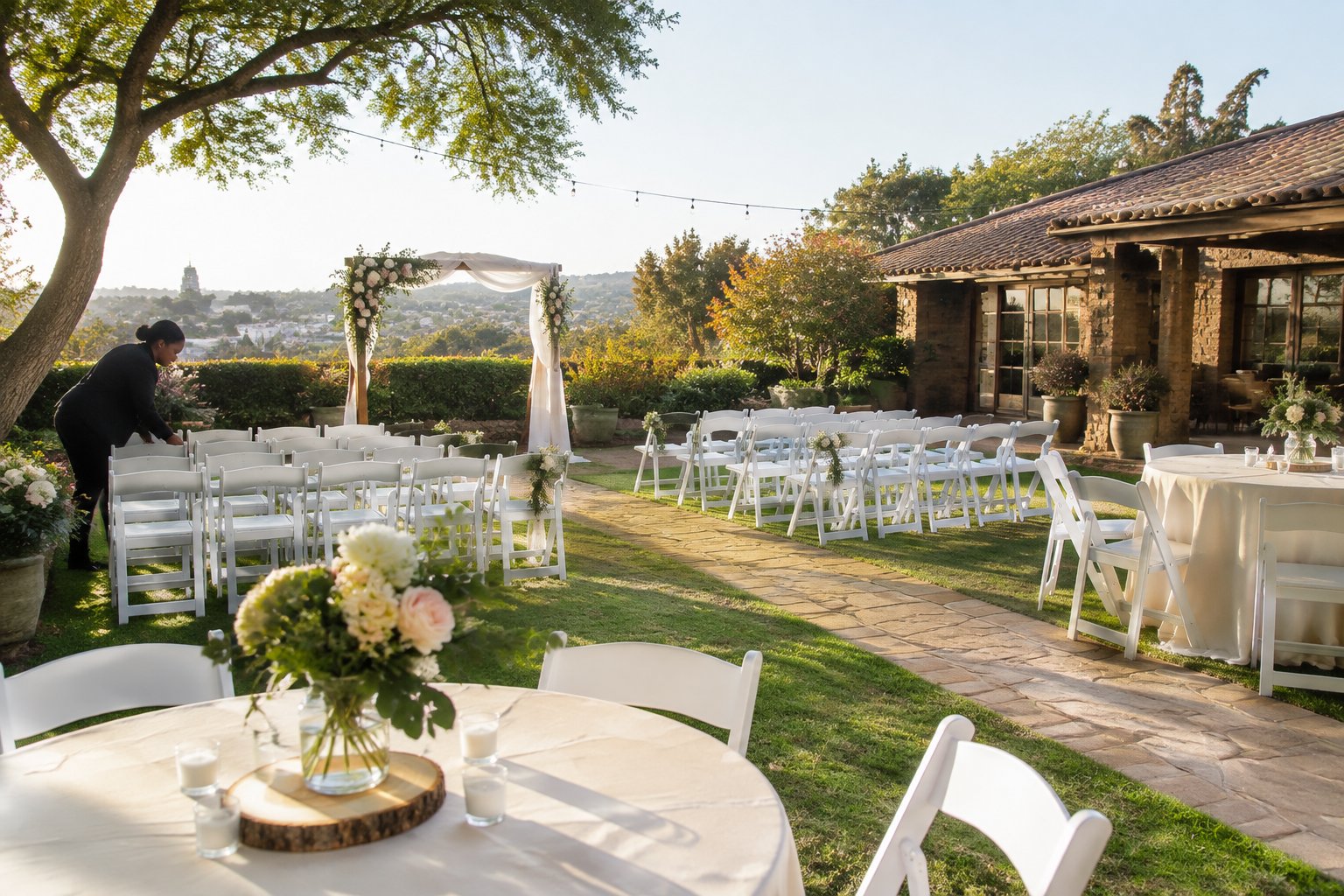 A modest garden wedding venue with white chairs, a simple ceremony arch, and decorated reception tables.