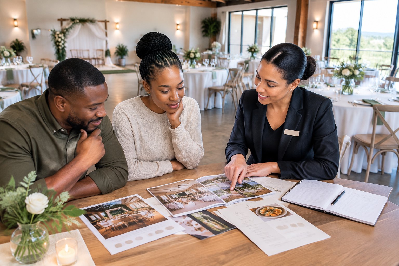 A couple compares wedding venue packages with a coordinator at an affordable decorated reception venue.