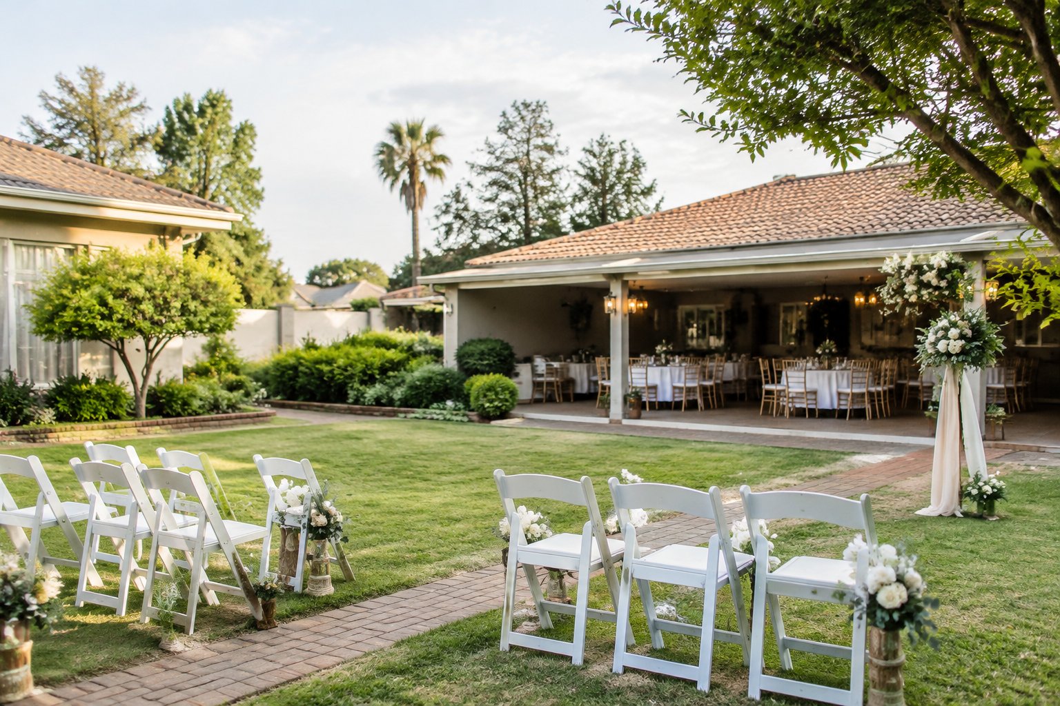 A modest garden wedding venue in Boksburg arranged with white chairs and simple elegant decorations.