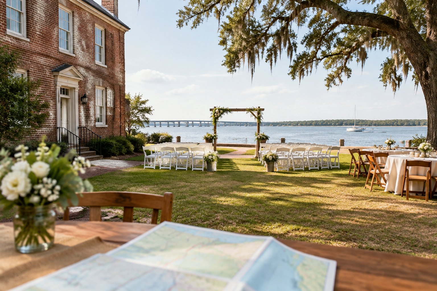 A modest wedding venue with simple outdoor decorations beside a leafy waterfront in a historic Southern setting.