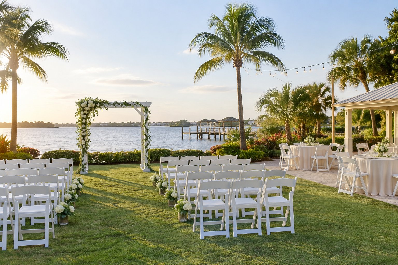 A simple outdoor wedding venue with white chairs, a decorated arch, palm trees, and a waterfront background.