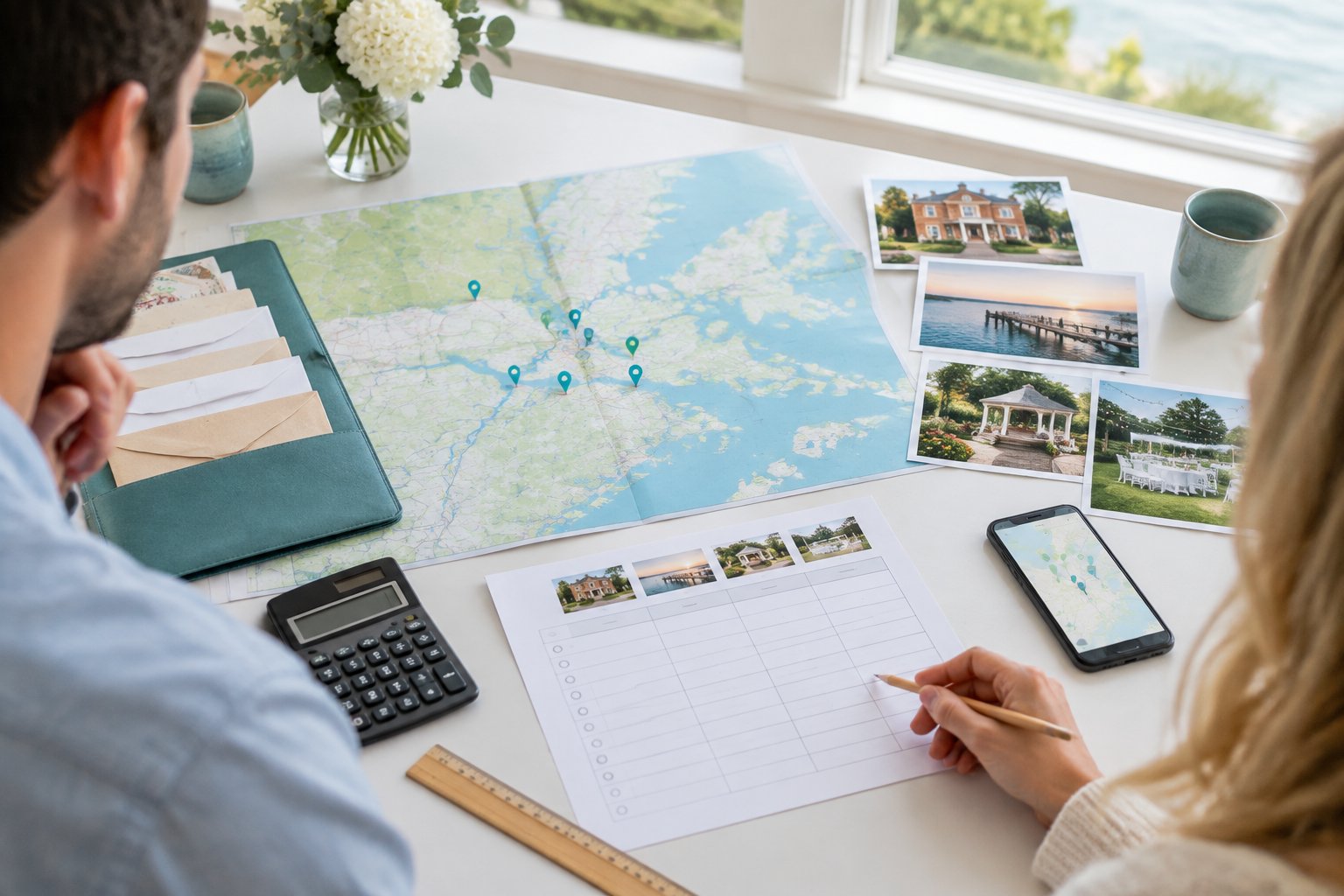 A couple’s wedding planning table with a map, calculator, budget papers, and venue photos.