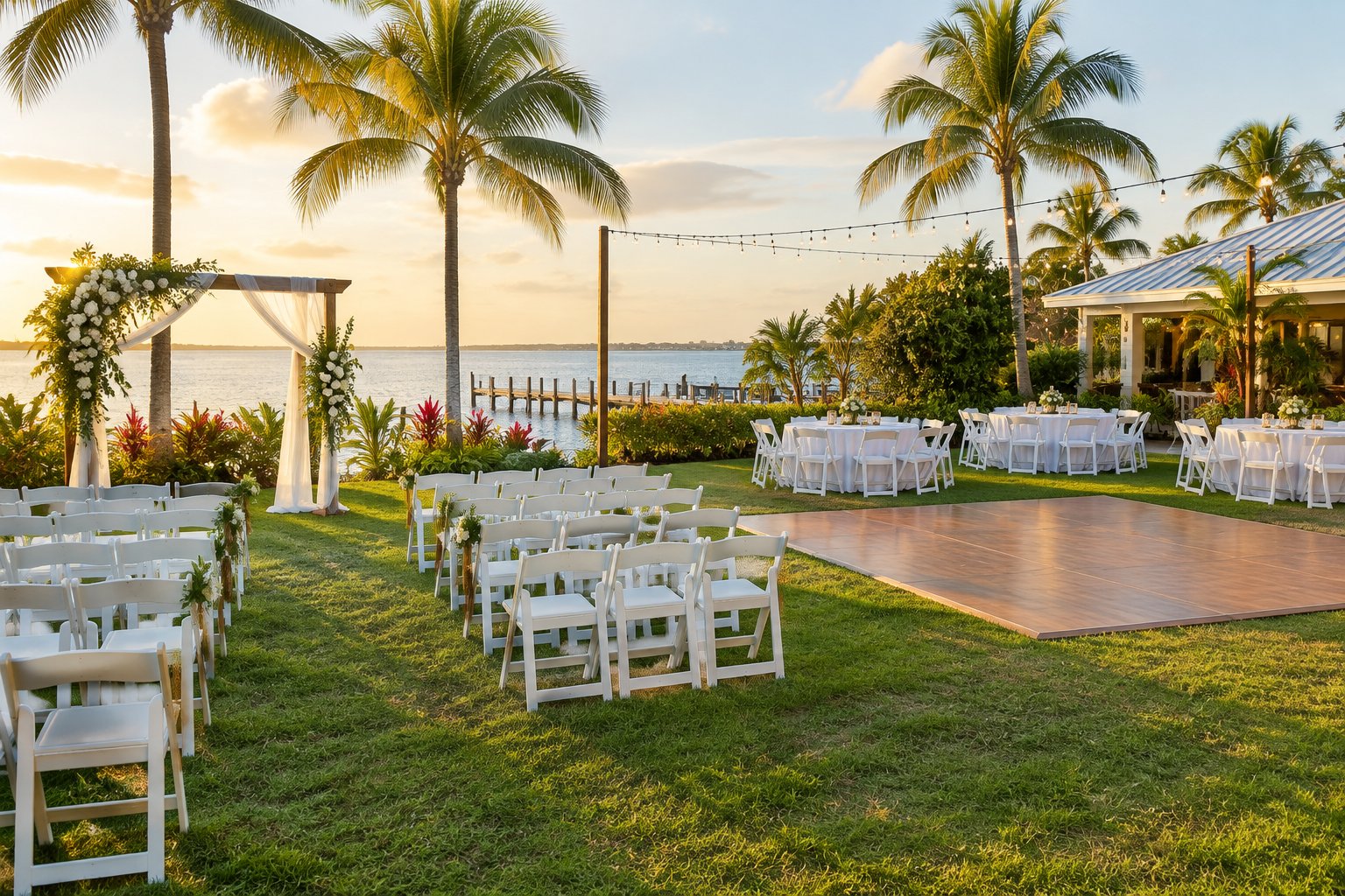 An affordable outdoor wedding venue in Fort Myers with white chairs, simple floral decorations, reception tables, palm trees, and warm sunlight.